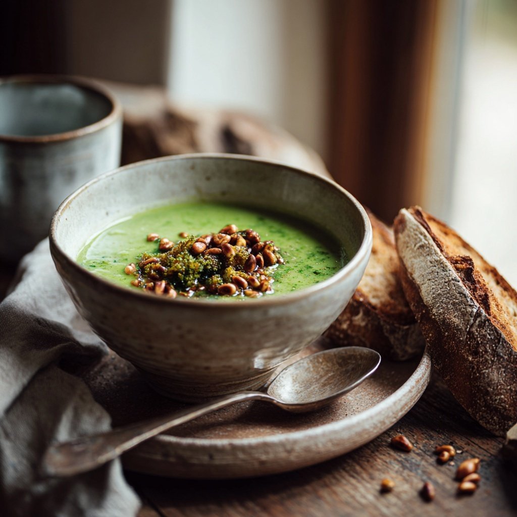 Brokkoli Suppe Mit Gerösteten Pinienkernen