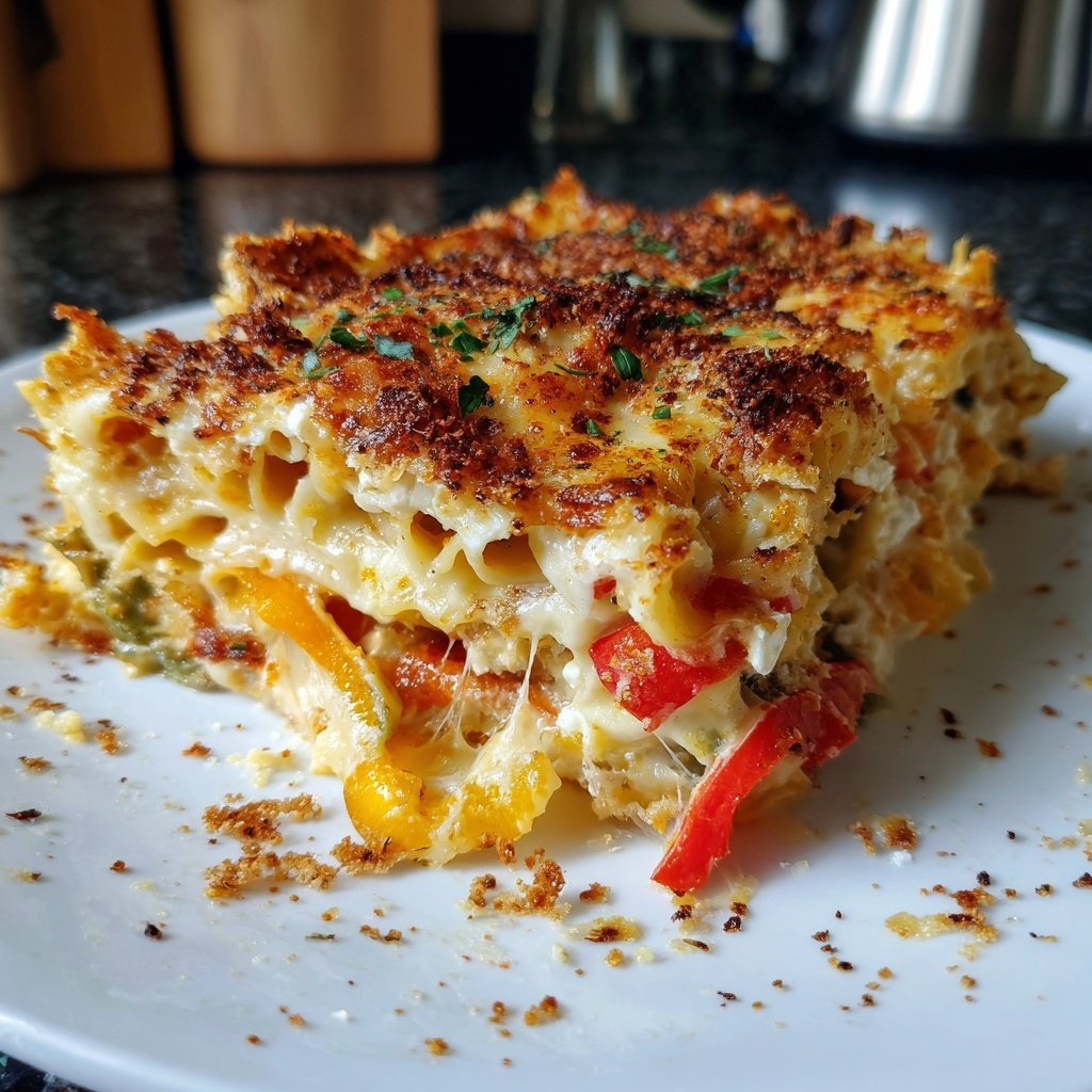 Vegetarischer Nudelauflauf mit Paprika und Feta